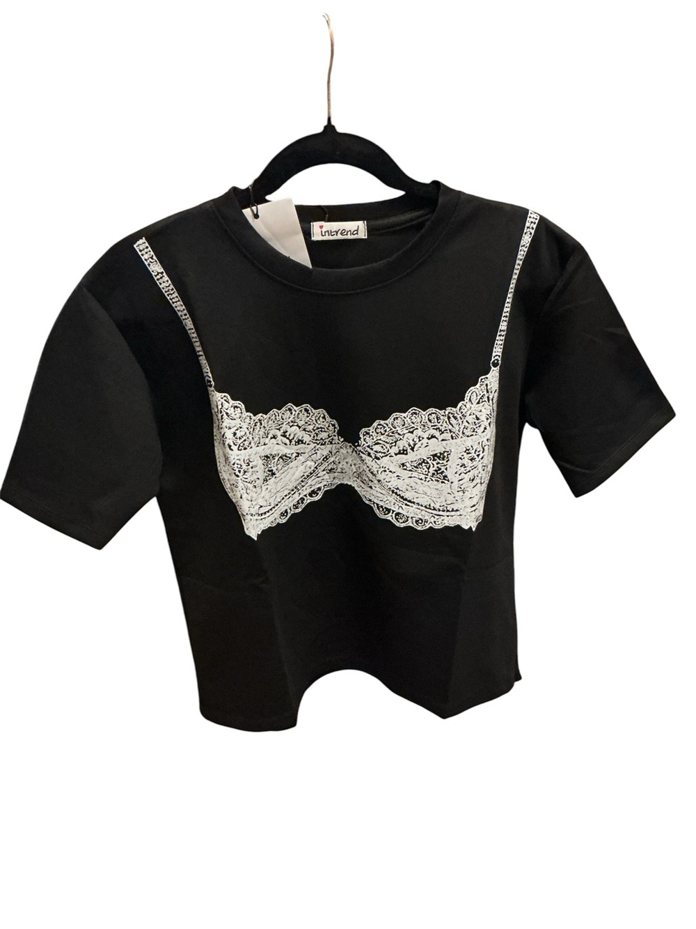 Black Short-Sleeve Tee with White Lace Graphic Bling
